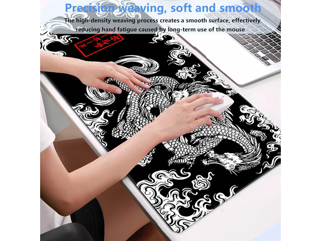 Black and White Mouse Pad Extra Large Gaming Mousepad XL Dragon Desk Mats Japanese Full Desk Keyboard Mat Computer Pad Desk Matt with Stitched...