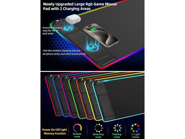 XXL Mouse Pad with Phone Holder - Black, RGB Desk Mat with 15W Fast Charging, LED Gaming Mousepad with 11 Light Colors, Waterproof Non-Slip Pad for...