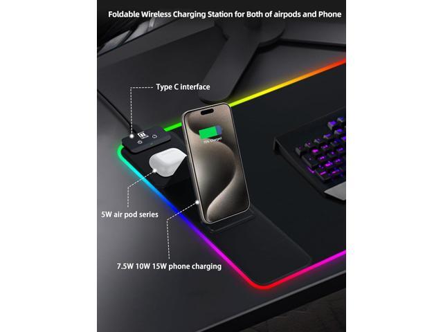 XXL Mouse Pad with Phone Holder - Black, RGB Desk Mat with 15W Fast Charging, LED Gaming Mousepad with 11 Light Colors, Waterproof Non-Slip Pad for...