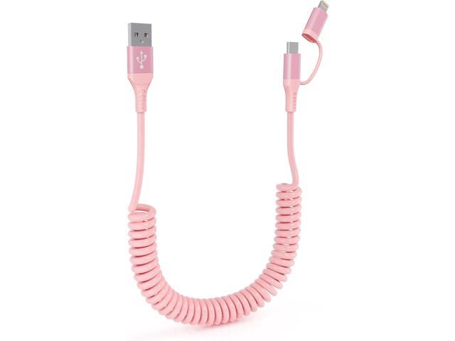 2-in-1 Coiled USB-C & Lightning Pink iPhone Car Charger - Pink Charger for iPhone 16/15/14/Android, Apple CarPlay & Android Auto Supported, Short...