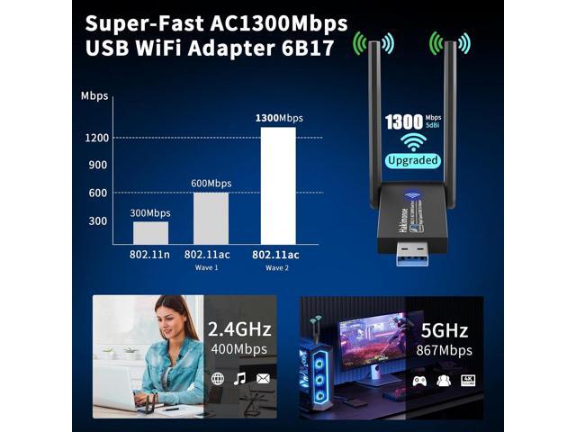USB 3.0 WiFi Adapter for PC Desktop, AC1300Mbps Dual Band 2.4G 5G Wireless Network WiFi Dongle Enhanced Antenna for Laptop Computer Windows11 10...