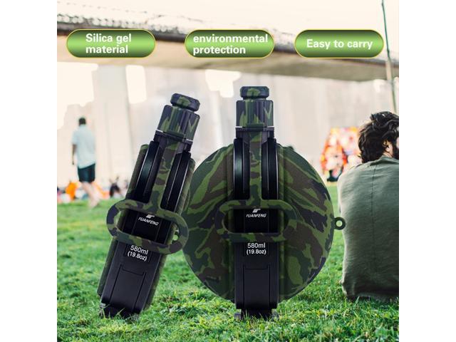 Collapsible Military Water Bottle Newly Designed Silicone Water Kettle Canteen with Compass Bottle Cap for Hiking Camping Outdoors (Camouflage Green)