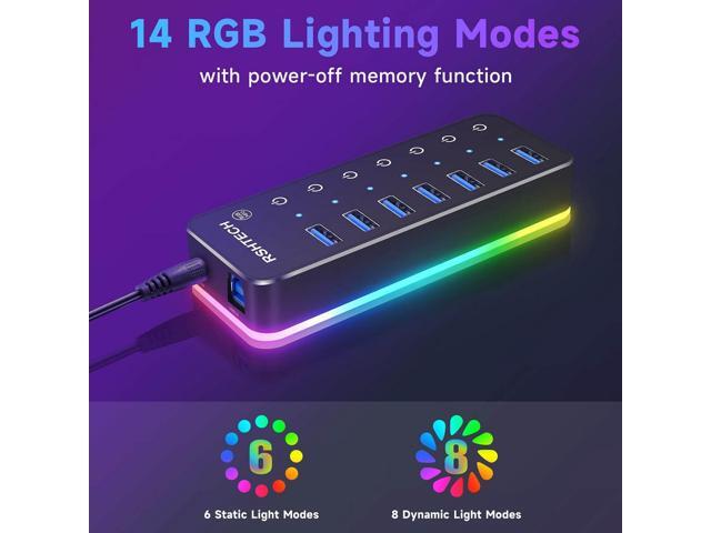 Powered USB Hub, RSHTECH RGB 7 Ports USB 3.0/USB C Hub with 14 Mode RGB LED Strip, Individual Touch Switches, 3.3ft Cable and 5V/4A Power Adapter,...