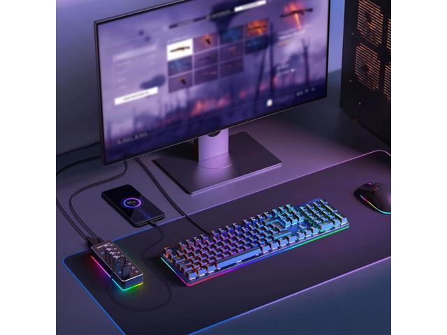 Powered USB Hub, RSHTECH RGB 7 Ports USB 3.0/USB C Hub with 14 Mode RGB LED Strip, Individual Touch Switches, 3.3ft Cable and 5V/4A Power Adapter,...