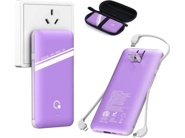 10000mAh Power Bank, Q Slim Portable Charger,4 Output External Battery Pack with Built-in AC Wall Plug Micro USB C Three Cables Compatible with...