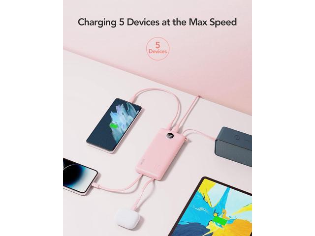 VRURC Portable Charger Power Bank, 10000mAh Travel Essentials Battery Pack, 5 Outputs 2 Inputs Slim Charging Bank Built-in Cables Cords Wires...