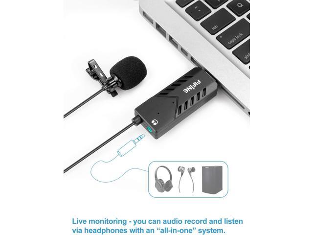 Fifine USB Lavalier Lapel Microphone, Clip-on Cardioid Condenser Computer Mic Plug and Play USB Microphone with Sound Card for PC and Mac-K053