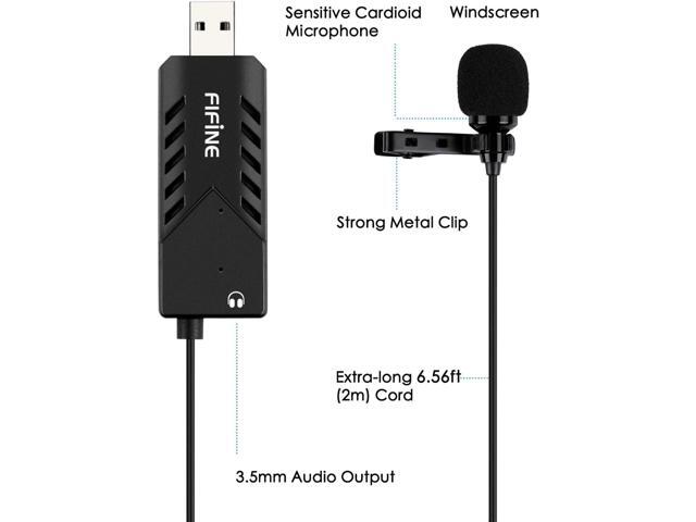 Fifine USB Lavalier Lapel Microphone, Clip-on Cardioid Condenser Computer Mic Plug and Play USB Microphone with Sound Card for PC and Mac-K053