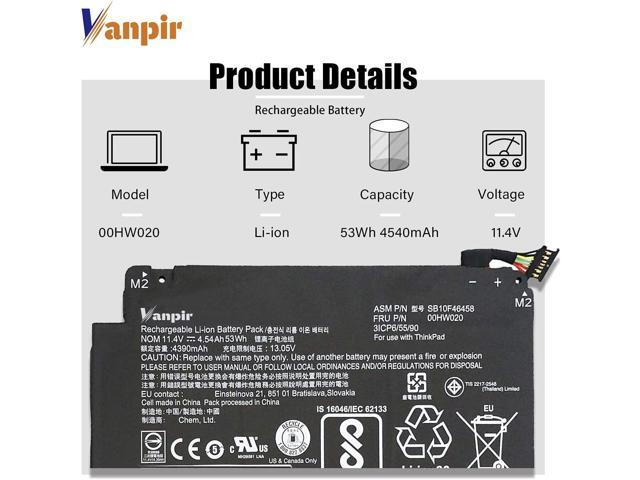00HW020 SB10F46458 Laptop Battery 11.4V 53Wh 4540mAh Replacement for Lenovo ThinkPad Yoga 460 P40 Series 00HW021 SB10F46459