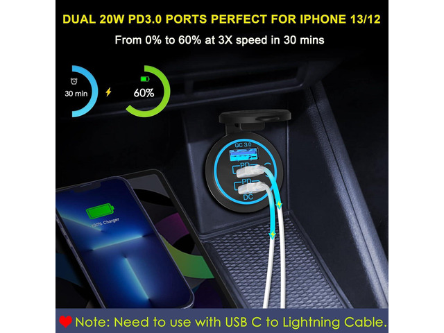 12V USB Outlet USB C Car Charger Socket Newest 58W Lengthened RV USB Outlet 12V Socket Dual 20W PD3.0 USB-C and 18W QC3.0 Car USB Port with Button...