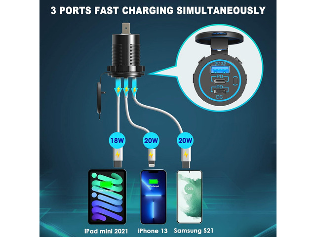 12V USB Outlet USB C Car Charger Socket Newest 58W Lengthened RV USB Outlet 12V Socket Dual 20W PD3.0 USB-C and 18W QC3.0 Car USB Port with Button...
