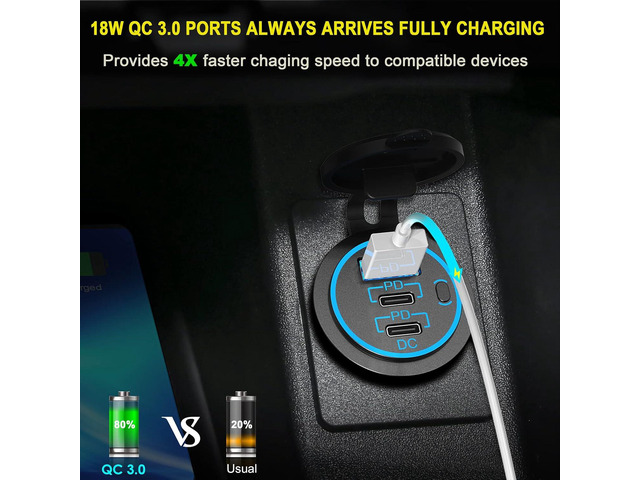 12V USB Outlet USB C Car Charger Socket Newest 58W Lengthened RV USB Outlet 12V Socket Dual 20W PD3.0 USB-C and 18W QC3.0 Car USB Port with Button...