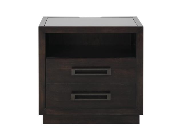 Modern Bedroom Furniture 1pc Nightstand of 2x Drawers LED Light Storage Cubby USB Ports Power Outlets Charcoal Finish Glass Insert Top Stylish...