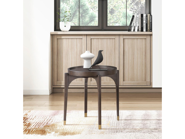 Dark Brown Finish Round End Table Solid Wood Legs with Metallic Gold Tip Classic