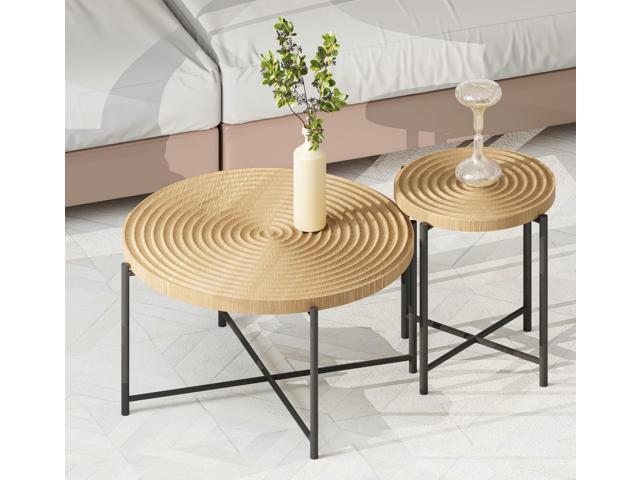 2-Piece Coffee and End Table Set Waterproof MDF with PVC Cover, Distressed Cylindrical Design, Black Metal Legs Classic Rustic Charm, Technical Wood