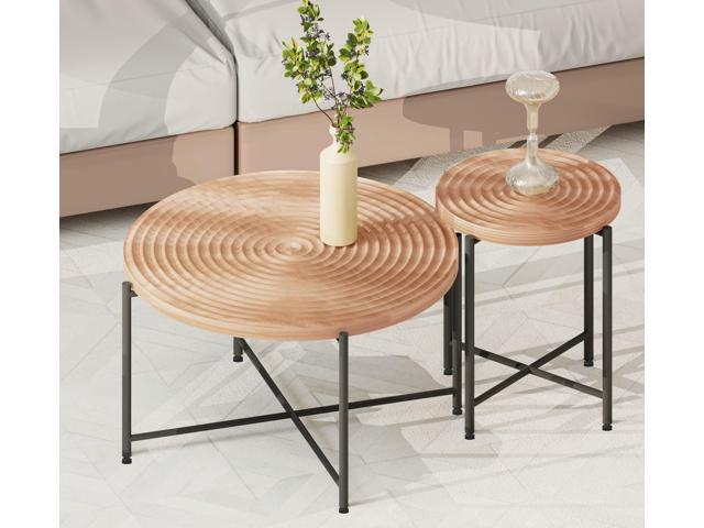 2-Piece Coffee and End Table Set Waterproof MDF with PVC Cover, Distressed Cylindrical Design, Black Metal Legs Classic Rustic Charm, Red...