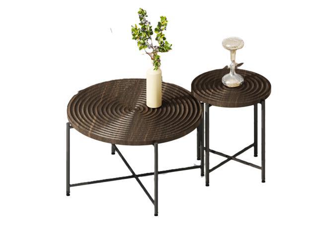 2-Piece Coffee and End Table Set Waterproof MDF with PVC Cover, Distressed Cylindrical Design, Black Metal Legs Classic Rustic Charm, Dark Walnut