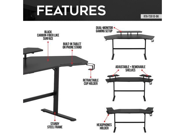 Techni Sport TS911D Gaming Desk with Shelves & Accessory Holder, Black