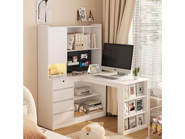 L Shaped Desk with Charger,Computer Desk with Drawers,Bookshelf,with LED Light,Modern Corner Desk,Home Office Desk,L-Shaped Study Table Writing...