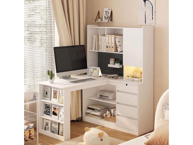 L Shaped Desk with Charger,Computer Desk with Drawers,Bookshelf, with LED Light,Modern Corner Desk,Home Office Desk,L-Shaped Study Table Writing...