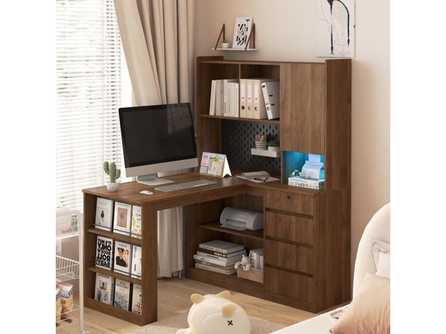 L Shaped Desk with Charger,Computer Desk with Drawers,Bookshelf, with LED Light,Modern Corner Desk,Home Office Desk,L-Shaped Study Table Writing...