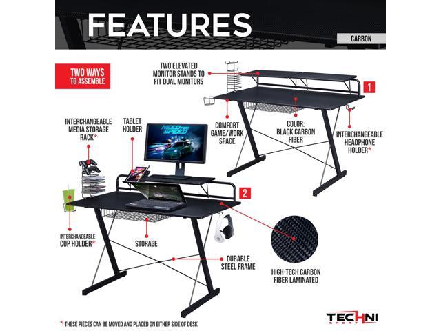 Techni Sport TS-200 Carbon Computer Gaming Desk with Shelving, Black