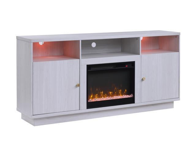 Ambrose 70'W White Walnut Finish Fireplace Console TV Stand with Heater, LED Light, Cabinets, Shelves