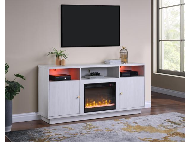 Ambrose 70'W White Walnut Finish Fireplace Console TV Stand with Heater, LED Light, Cabinets, Shelves