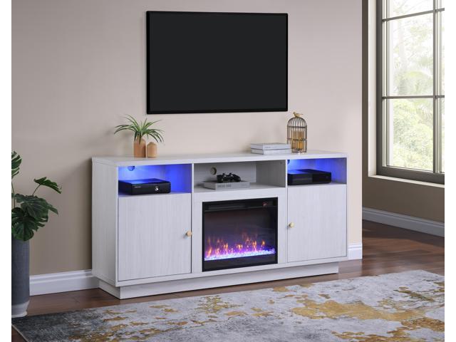 Ambrose 70'W White Walnut Finish Fireplace Console TV Stand with Heater, LED Light, Cabinets, Shelves