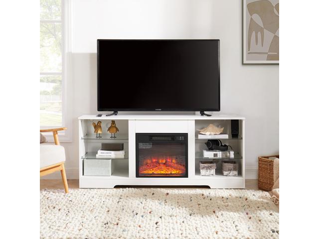 TV Stand Electric Fireplace Glass Shelves, 3D Fireplace TV Stand with LED Lights Wood with USB Charging Outlet Modern Television Table Center for...