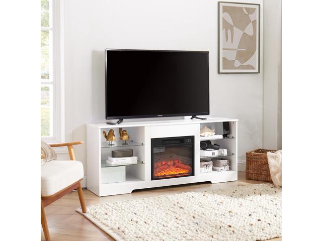 TV Stand Electric Fireplace Glass Shelves, 3D Fireplace TV Stand with LED Lights Wood with USB Charging Outlet Modern Television Table Center for...