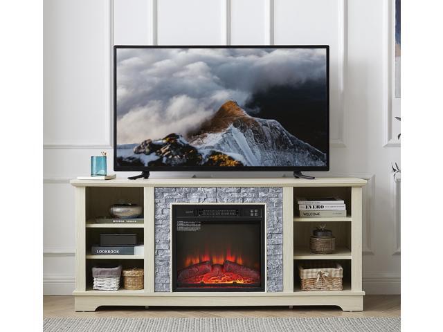 Mantel Electric Fireplace Stone TV Media Stand, Open Storage Modern Entertainment Console Space with 18' Fireplace Insert, White,...
