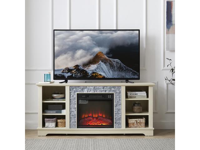 Mantel Electric Fireplace Stone TV Media Stand, Open Storage Modern Entertainment Console Space with 18' Fireplace Insert, White,...
