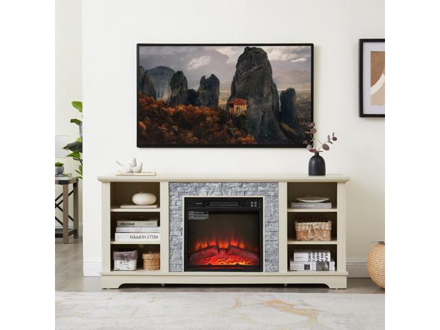 Mantel Electric Fireplace Stone TV Media Stand, Open Storage Modern Entertainment Console Space with 18' Fireplace Insert, White,...
