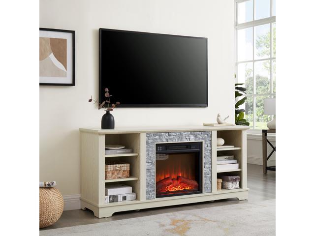 Mantel Electric Fireplace Stone TV Media Stand, Open Storage Modern Entertainment Console Space with 18' Fireplace Insert, White,...