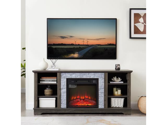 Mantel Electric Fireplace Stone TV Media Stand with Faux Stacked Stone Surround, Modern Entertainment Console with Open Storage Space with 18'...