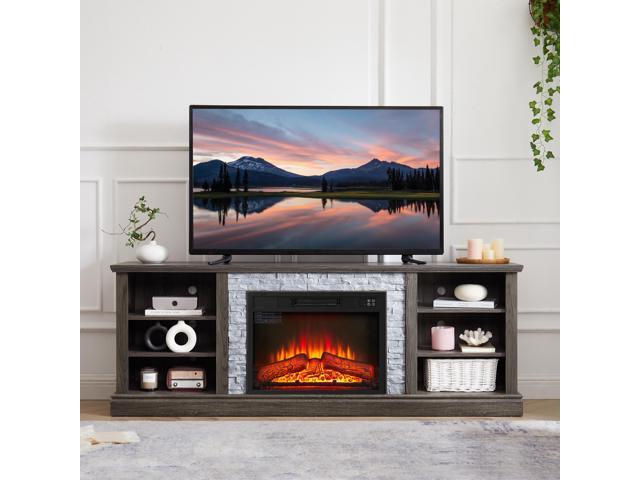 Large TV Desk Storage Rack with Faux Stacked Stone Surround,Media Console Table with Large Storage Cabinet,Modern TV Stand with 23' Fireplace...