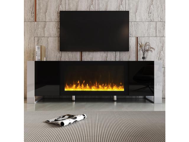 ON-TREND Modern TV Stand with 34.2' Non-heating Electric Fireplace, High Gloss Entertainment Center with 2 Cabinets, Media Console for TVs up to...