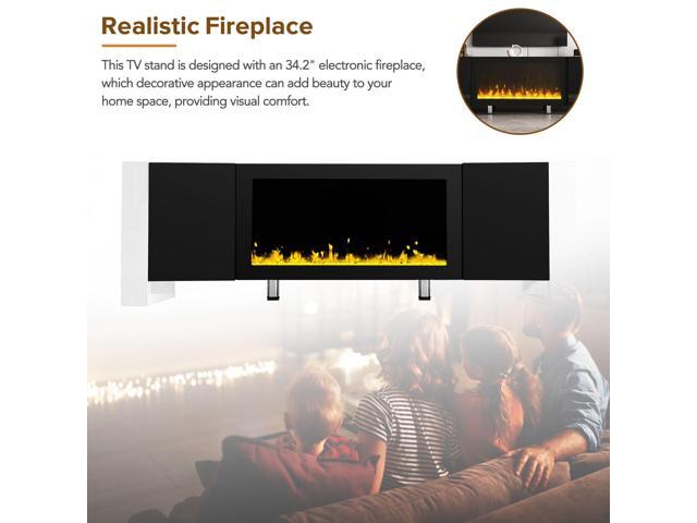 ON-TREND Modern TV Stand with 34.2' Non-heating Electric Fireplace, High Gloss Entertainment Center with 2 Cabinets, Media Console for TVs up to...
