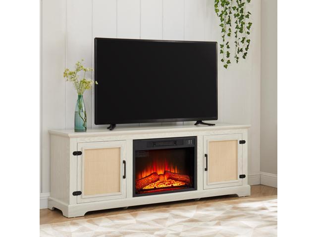 Natural Rattan Door Cabinet with Adjustable Shelf Wood, Farmhouse Rattan TV Stand Console Table for TVs up to 70 Inches, Storage tv stand with 23'...