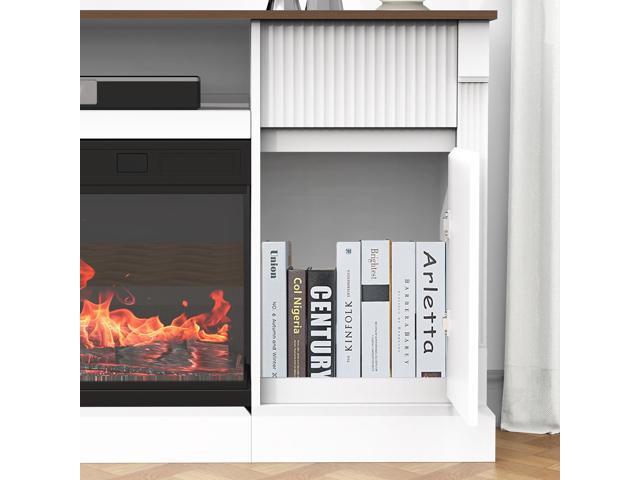 Modern 3-Sided Glass TV Stand with Electric Fireplace for TVs up to 80', Entertainment Center with LED Lights, Storage Cabinet & Drawers for Living...