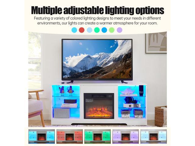 TV Stand Electric Fireplace TV Stand with Glass Shelves, 3D Fireplace TV Stand with LED Lights Wood with USB Charging Outlet Modern Television...