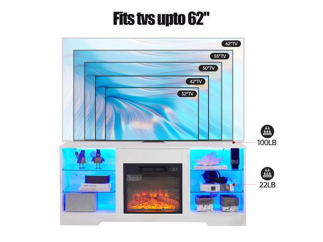 TV Stand Electric Fireplace TV Stand with Glass Shelves, 3D Fireplace TV Stand with LED Lights Wood with USB Charging Outlet Modern Television...