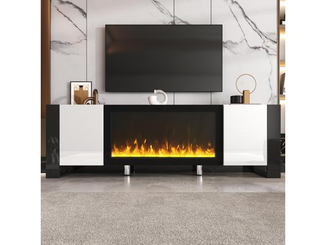 ON-TREND Modern TV Stand with 34.2' Non-heating Electric Fireplace, High Gloss Entertainment Center with 2 Cabinets, Media Console for TVs up to...