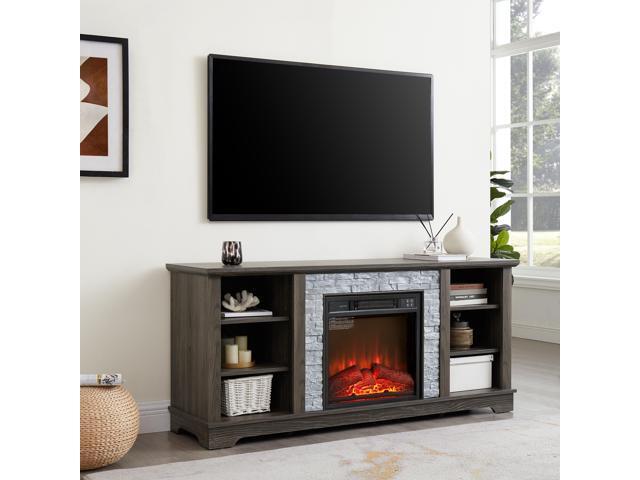 Mantel Electric Fireplace Stone TV Media Stand with Faux Stacked Stone Surround, Modern Entertainment Console with Open Storage Space with 18'...