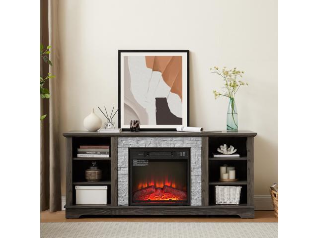 Mantel Electric Fireplace Stone TV Media Stand with Faux Stacked Stone Surround, Modern Entertainment Console with Open Storage Space with 18'...