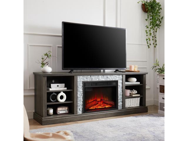 Large TV Desk Storage Rack with Faux Stacked Stone Surround,Media Console Table with Large Storage Cabinet,Modern TV Stand with 23' Fireplace...