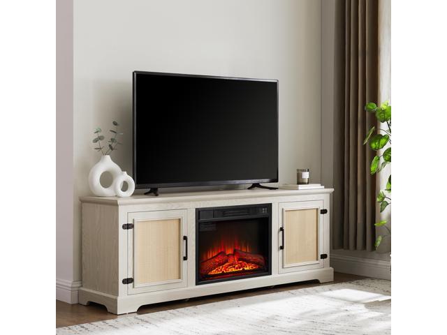 Natural Rattan Door Cabinet with Adjustable Shelf Wood, Farmhouse Rattan TV Stand Console Table for TVs up to 70 Inches, Storage tv stand with 23'...