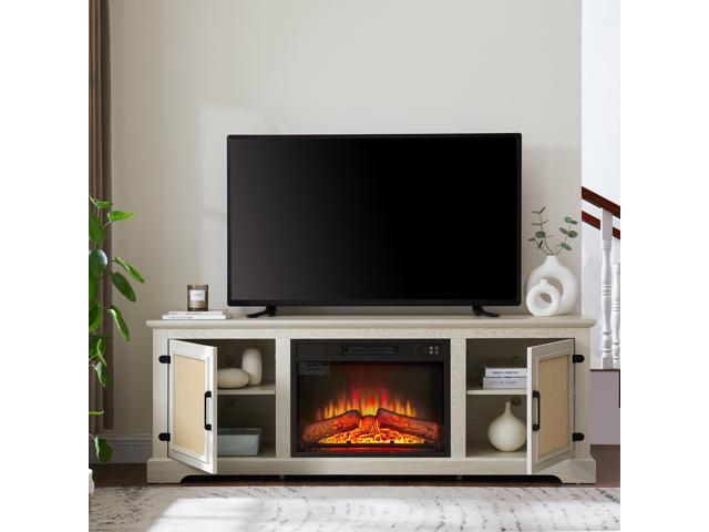 Natural Rattan Door Cabinet with Adjustable Shelf Wood, Farmhouse Rattan TV Stand Console Table for TVs up to 70 Inches, Storage tv stand with 23'...