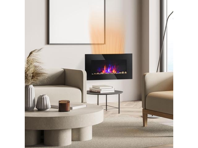 28.5' 1500W Electric Wall-Mounted Fireplace with Flame Effect, 7 Color Background Light, Black